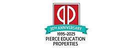 Pierce Education Properties celebrates 30th anniversary with a bold red and teal commemorative emblem.