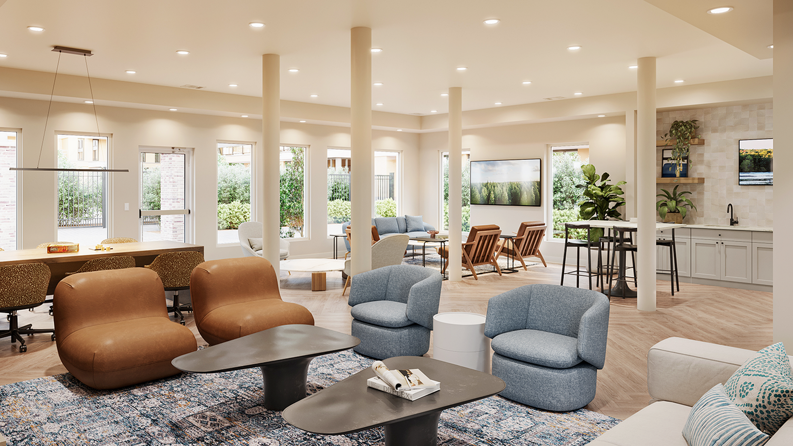 upgraded resident lounge with tables, chairs, and couches