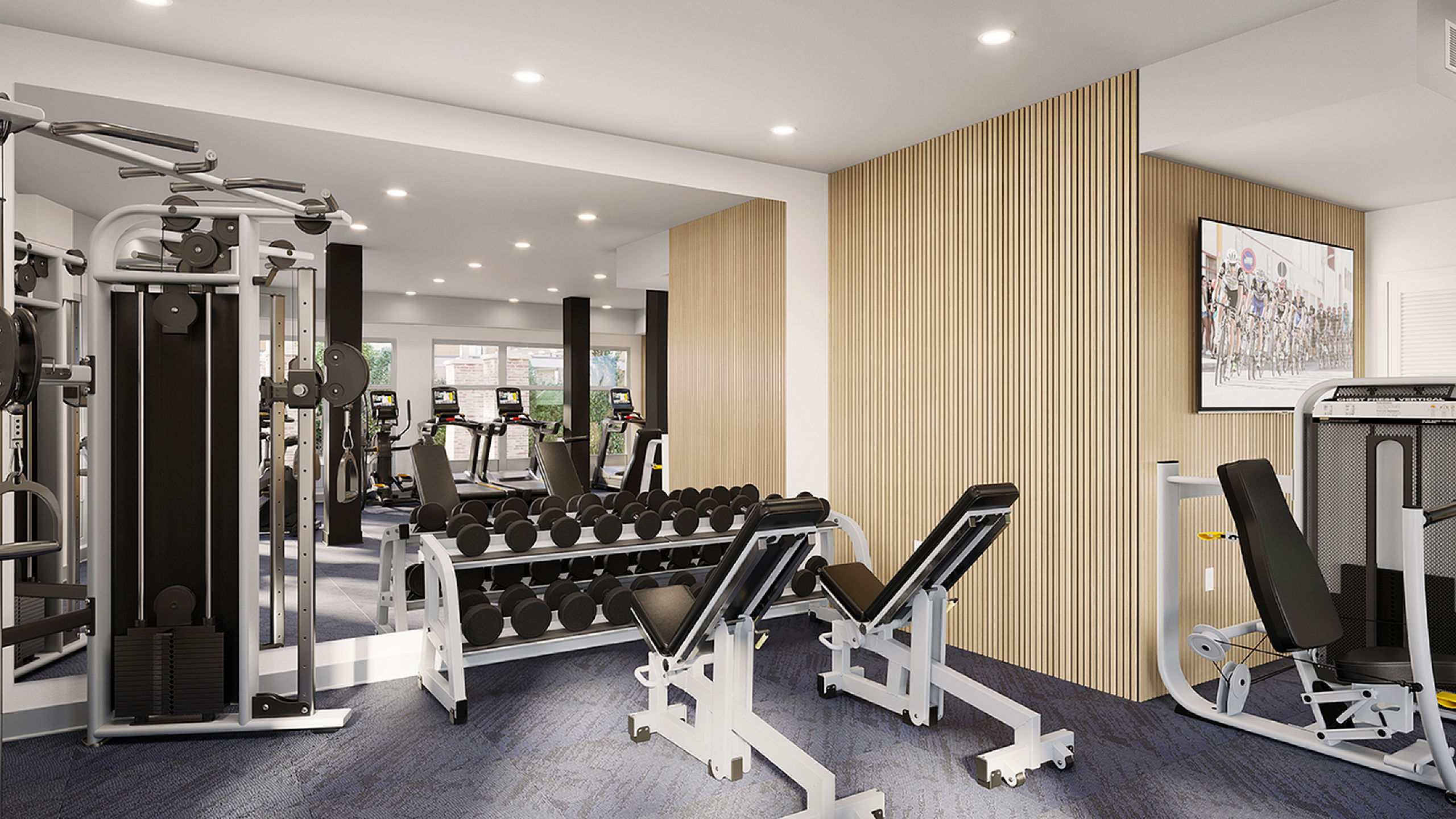 campus crossings briarcliff upgraded fitness center with free weights and treadmills.