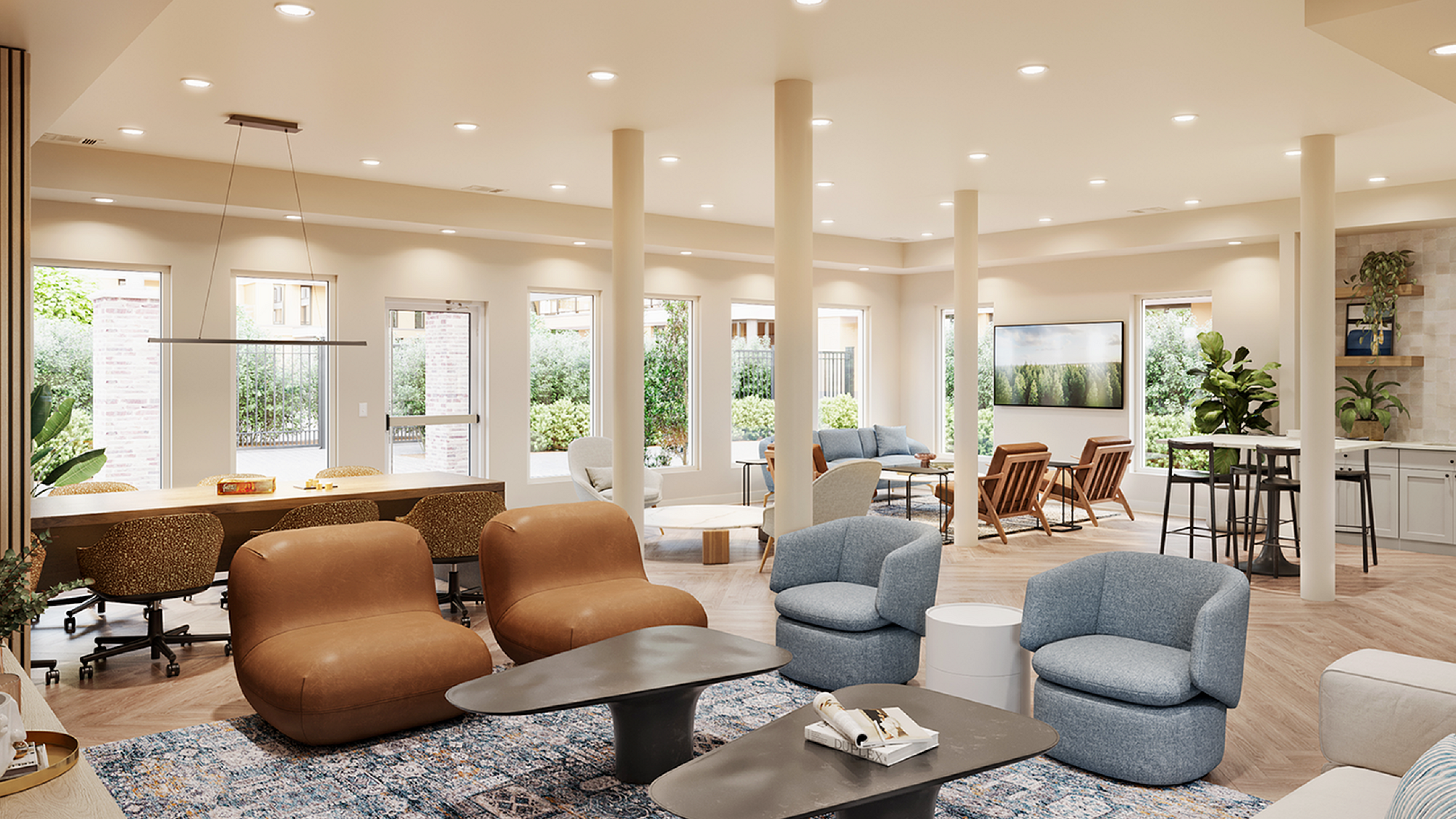 upgraded resident lounge with tables, chairs, and couches