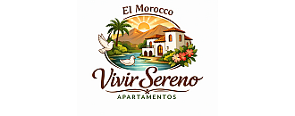 Charming logo for El Morocco Vivir Sereno Apartamentos, featuring a serene lakeside villa with a mountain backdrop, palm tree, and doves symbolizing tranquility.