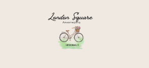 Charming logo for London Square Apartments featuring a vintage bicycle with a floral basket, embodying elegance and tranquility.