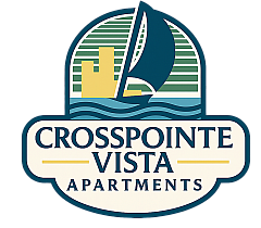 Charming Crosspointe Vista Apartments logo featuring a sailboat and modern cityscape design.