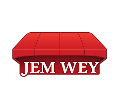 Dynamic digital artwork featuring a bold red awning with the words 'JEM WEY' against a backdrop of streaming digital lines.