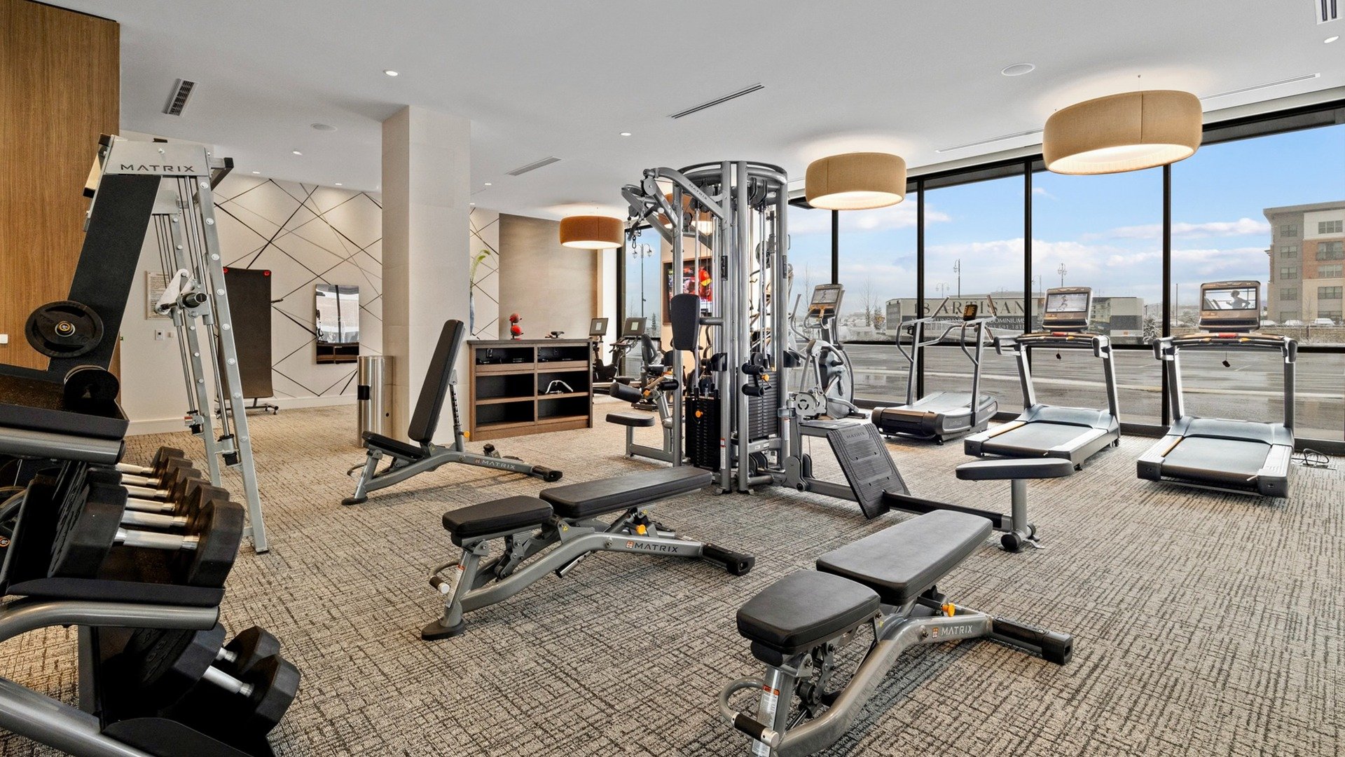 fitness center with cardio equipment and free weights