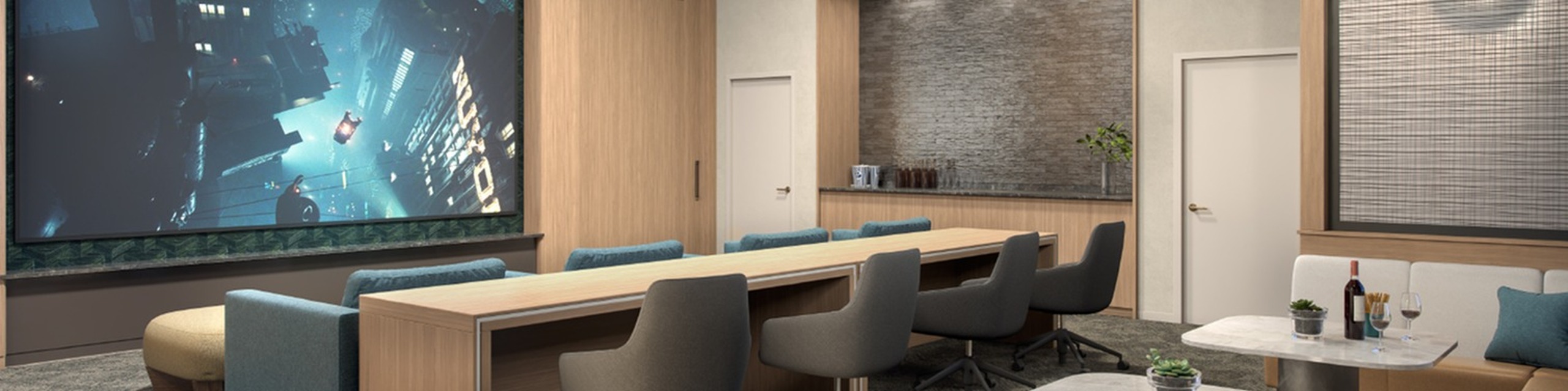 rendering of the media lounge, banquette and theater style seating with tv