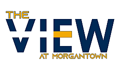 Bold logo design for The View at Morgantown, featuring modern typography in blue and gold.