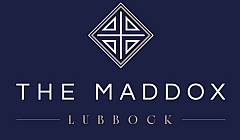 Elegant logo for The Maddox, Lubbock, featuring stylish geometric design on a sophisticated navy background.