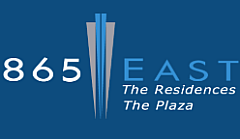 Stylish logo for 865 East featuring a modern skyscraper design, promoting luxurious residences at The Plaza.