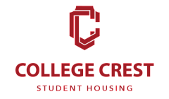 Modern logo for College Crest Student Housing, featuring a stylized 'C' emblem in vibrant red.
