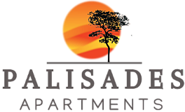 Palisades Apartments logo featuring a sunset with a silhouette of a tree.