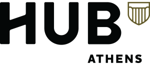 Modern HUB Athens logo featuring bold lettering and a sleek emblem, embodying contemporary sophistication.