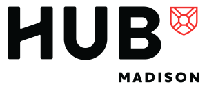 Modern and sleek 'HUB Madison' logo featuring bold black text and a red geometric emblem.