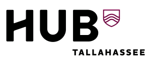 Modern HUB Tallahassee logo featuring bold typography with a stylized shield emblem.