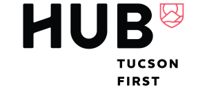 Bold and modern HUB Tucson First logo featuring sleek black typography with a stylish pink emblem.
