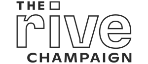Modern logo design for The Rive Champaign, featuring bold typography and a sleek line element.
