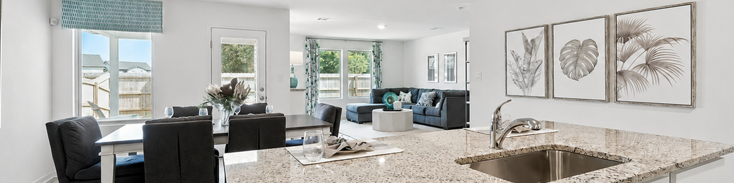 Full View of living room, kitchen and dining room