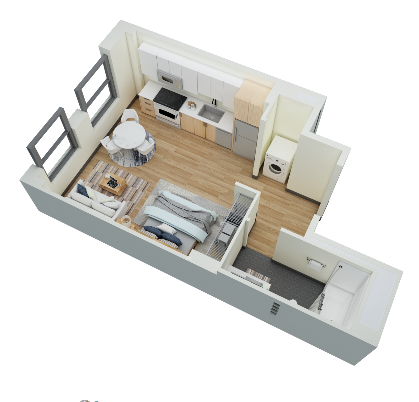 Floor plan layout diagram for Studio 1 Bath-E