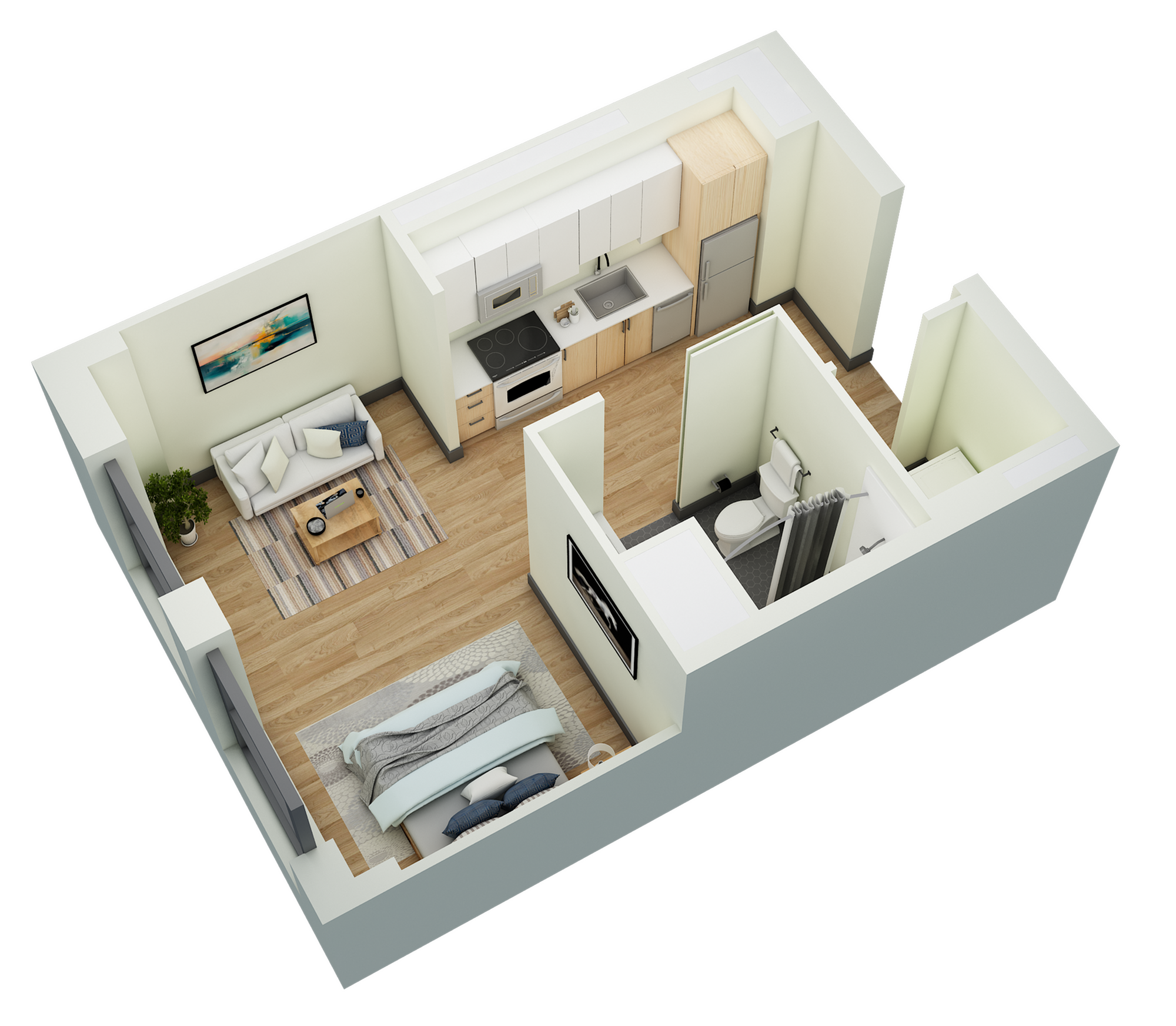 Floor plan layout diagram for Studio 1 Bath-F