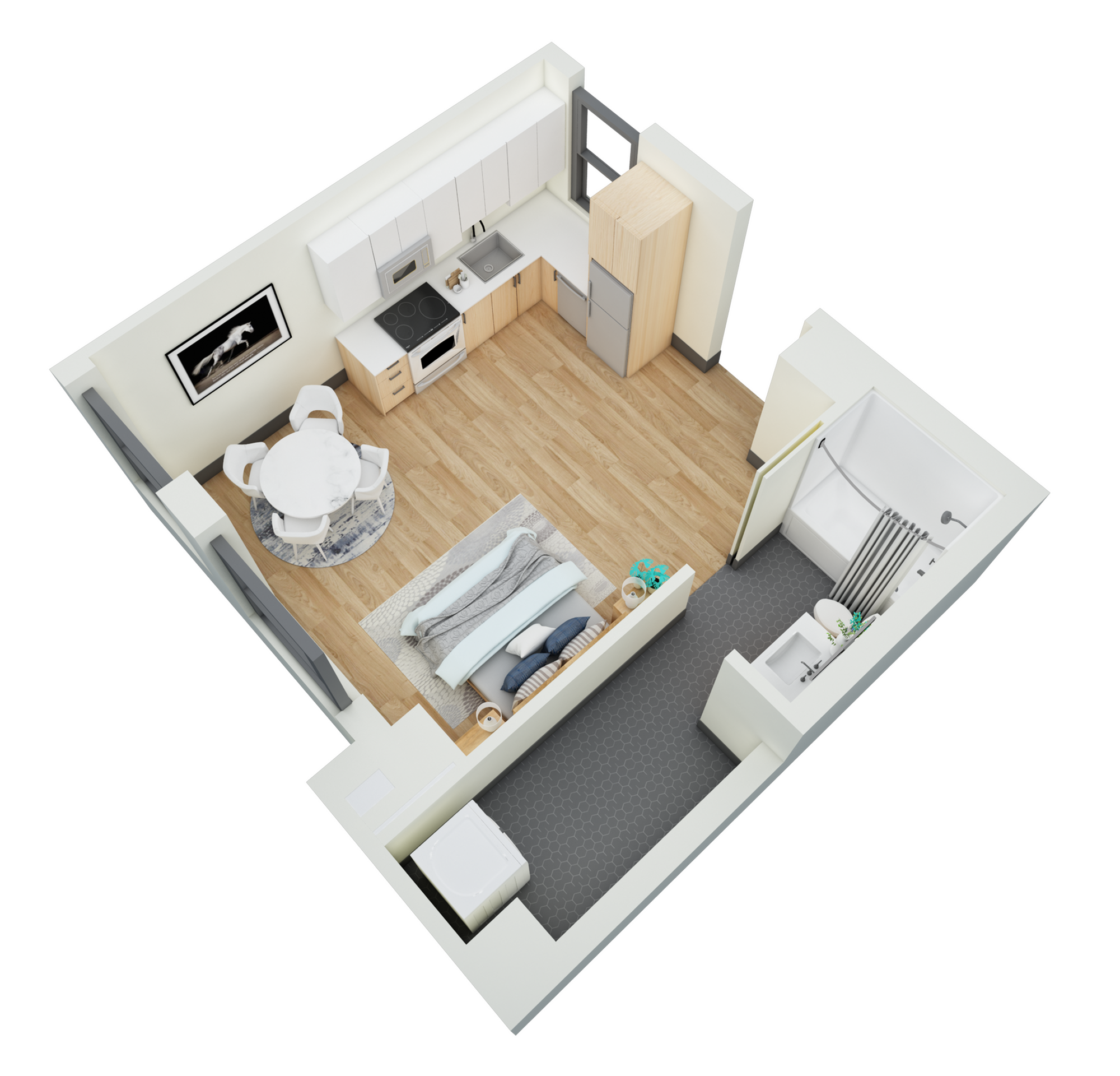 Floor plan layout diagram for Studio 1 Bath-J