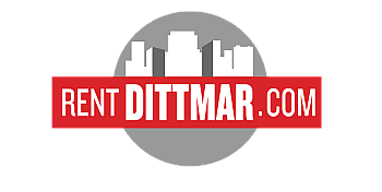 Modern logo featuring a city skyline silhouette with bold RentDittmar.com text on a dynamic red banner.
