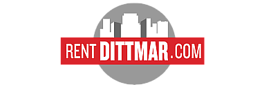 Modern RentDittmar.com logo with a city skyline silhouette in white against a gray circle and a bold red banner featuring the website name.