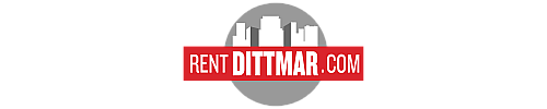 Modern logo featuring a city skyline silhouette with 'RentDittmar.com' in bold red and white font, evoking urban living and easy rental solutions.