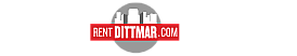 Dynamic Rent Dittmar logo featuring a modern city skyline in white against a gray circular backdrop, accented with a bold red banner.