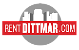Dynamic logo featuring a city skyline silhouette above a bold red banner with 'Rent Dittmar.com' text, embodying urban living and modern rentals.