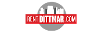 Modern logo featuring a city skyline silhouette above the bold text 'Rent Dittmar.com', set in a stylish circular design.