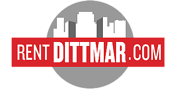 Modern Rent Dittmar logo with bold red and white color scheme featuring a city skyline silhouette.