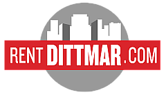 Modern Rent Dittmar logo featuring a stylized city skyline in a circular design with bold red branding.
