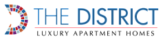 Logo for The District Luxury Apartment Homes featuring colorful mosaic design.