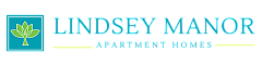Elegant logo of Lindsey Manor Apartment Homes featuring a stylized green lotus against a blue background.