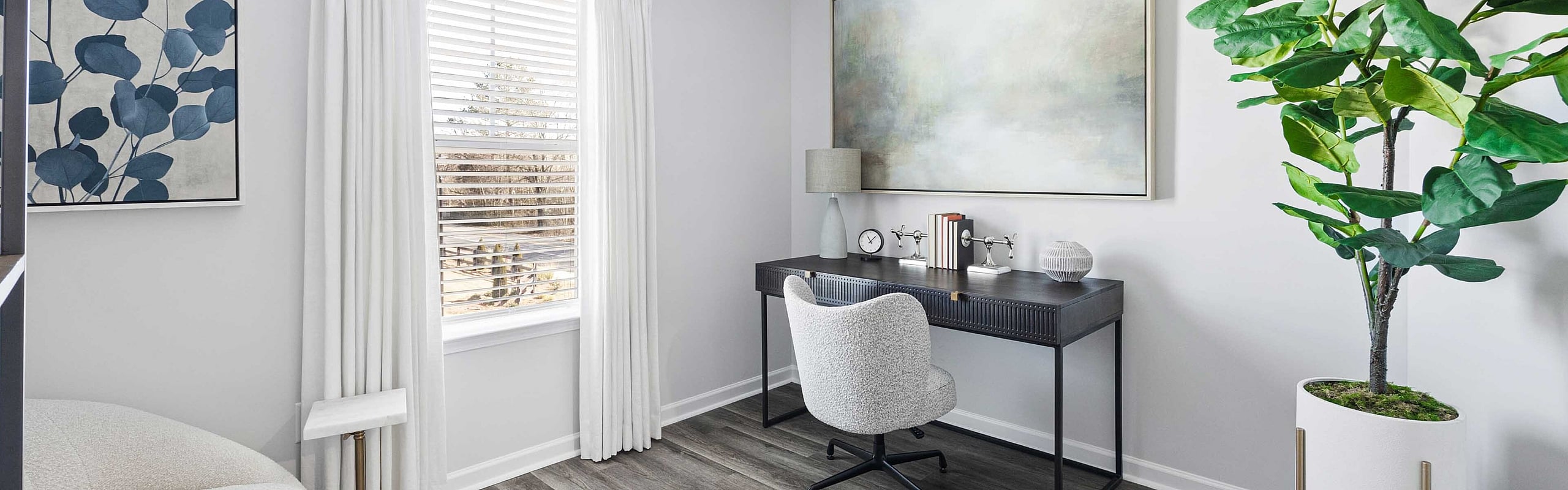 home office with wood style flooring
